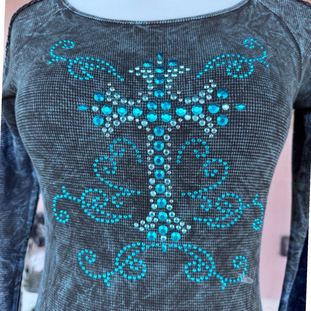 Cowgirl Hardware Top Rhinestone Cross Crochet Thermal Grey Blue Small Vintage
